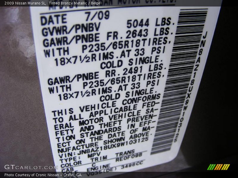 Tinted Bronze Metallic / Beige 2009 Nissan Murano SL