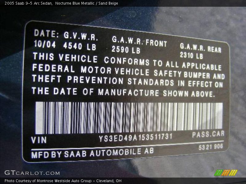 Nocturne Blue Metallic / Sand Beige 2005 Saab 9-5 Arc Sedan