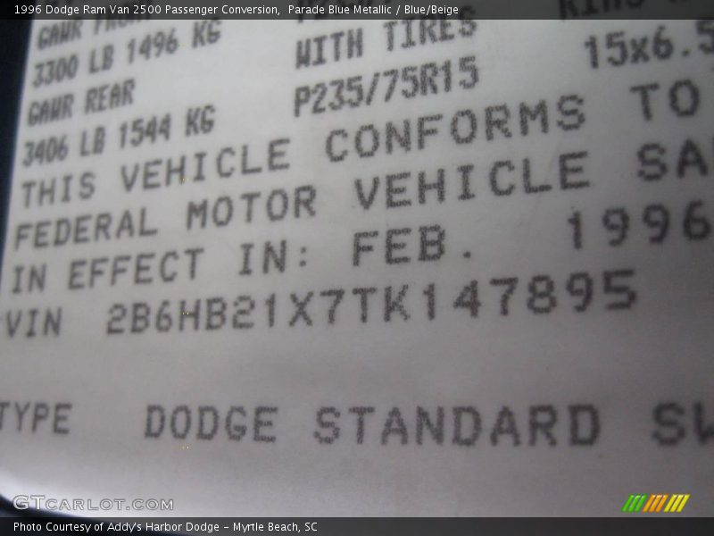 Parade Blue Metallic / Blue/Beige 1996 Dodge Ram Van 2500 Passenger Conversion