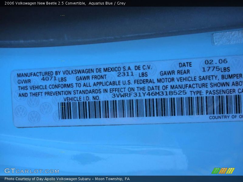 Aquarius Blue / Grey 2006 Volkswagen New Beetle 2.5 Convertible