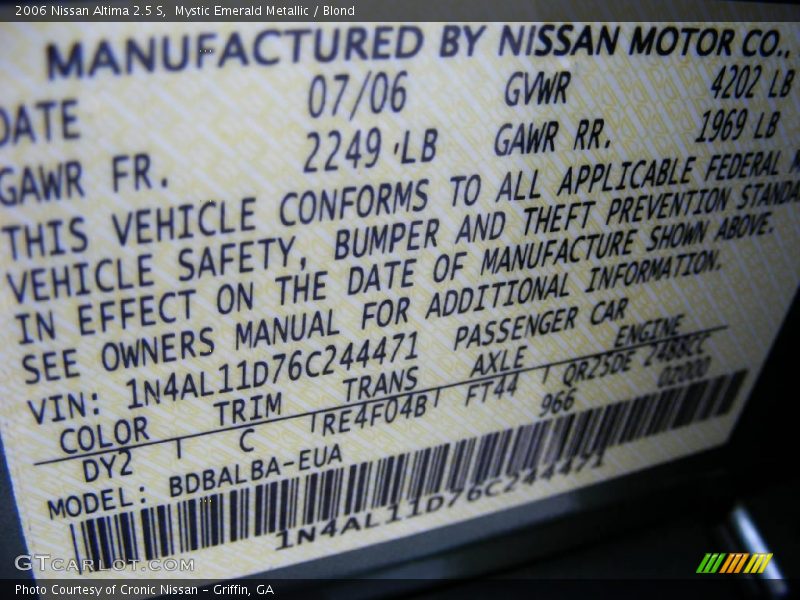 Mystic Emerald Metallic / Blond 2006 Nissan Altima 2.5 S