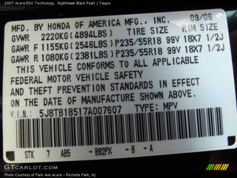 Nighthawk Black Pearl / Taupe 2007 Acura RDX Technology