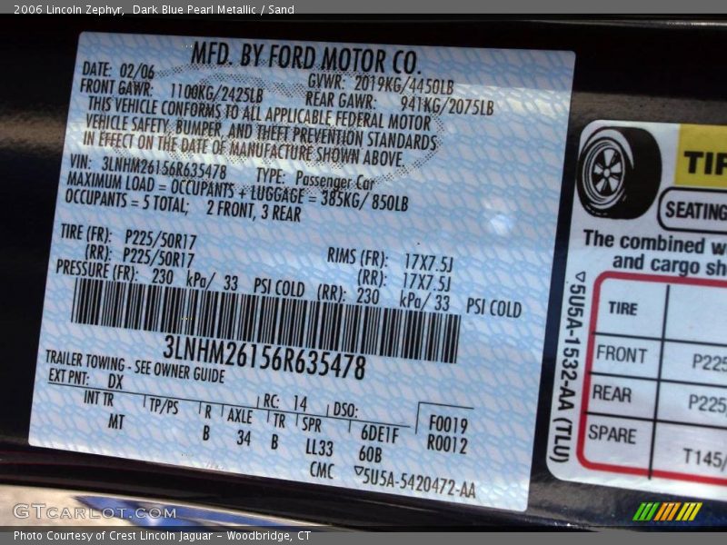 Dark Blue Pearl Metallic / Sand 2006 Lincoln Zephyr