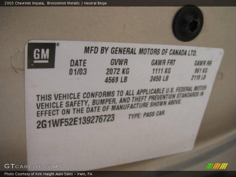 Bronzemist Metallic / Neutral Beige 2003 Chevrolet Impala