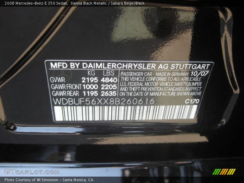 2008 E 350 Sedan Sienna Black Metallic Color Code 170