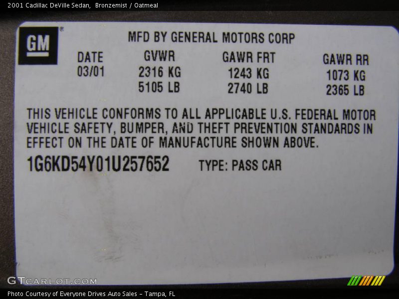 Bronzemist / Oatmeal 2001 Cadillac DeVille Sedan
