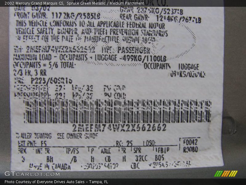 Spruce Green Metallic / Medium Parchment 2002 Mercury Grand Marquis GS