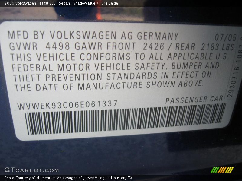 Shadow Blue / Pure Beige 2006 Volkswagen Passat 2.0T Sedan