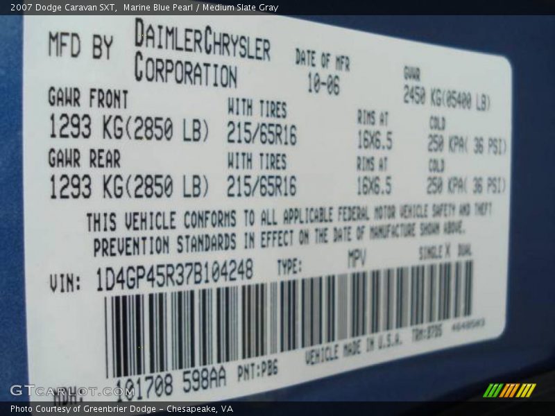 Marine Blue Pearl / Medium Slate Gray 2007 Dodge Caravan SXT