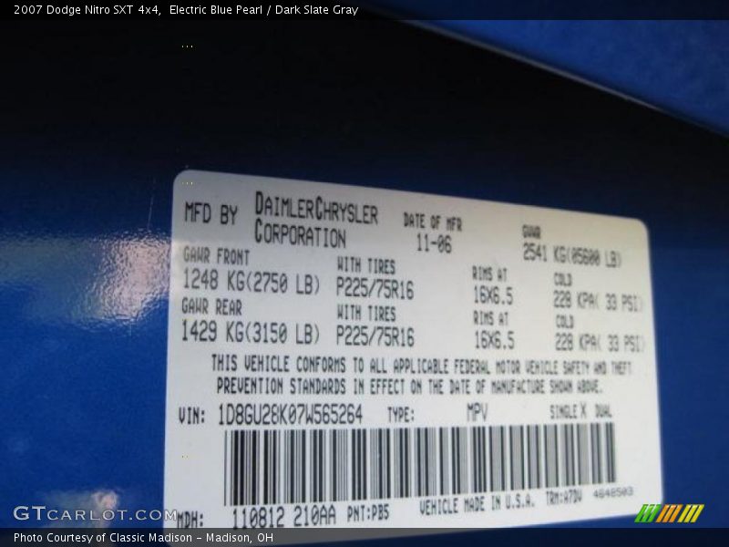 Electric Blue Pearl / Dark Slate Gray 2007 Dodge Nitro SXT 4x4