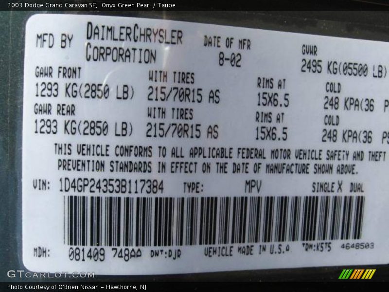 Onyx Green Pearl / Taupe 2003 Dodge Grand Caravan SE