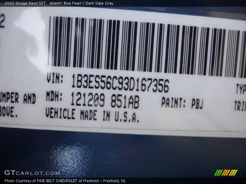 2003 Neon SXT Atlantic Blue Pearl Color Code PBJ
