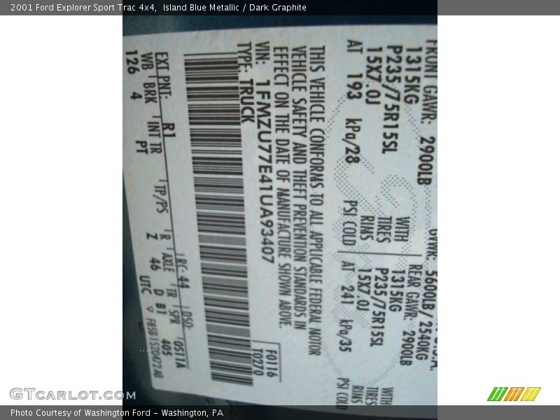 Island Blue Metallic / Dark Graphite 2001 Ford Explorer Sport Trac 4x4