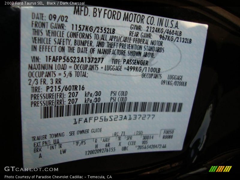 Black / Dark Charcoal 2003 Ford Taurus SEL