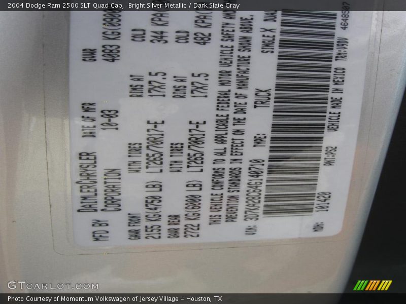 Bright Silver Metallic / Dark Slate Gray 2004 Dodge Ram 2500 SLT Quad Cab