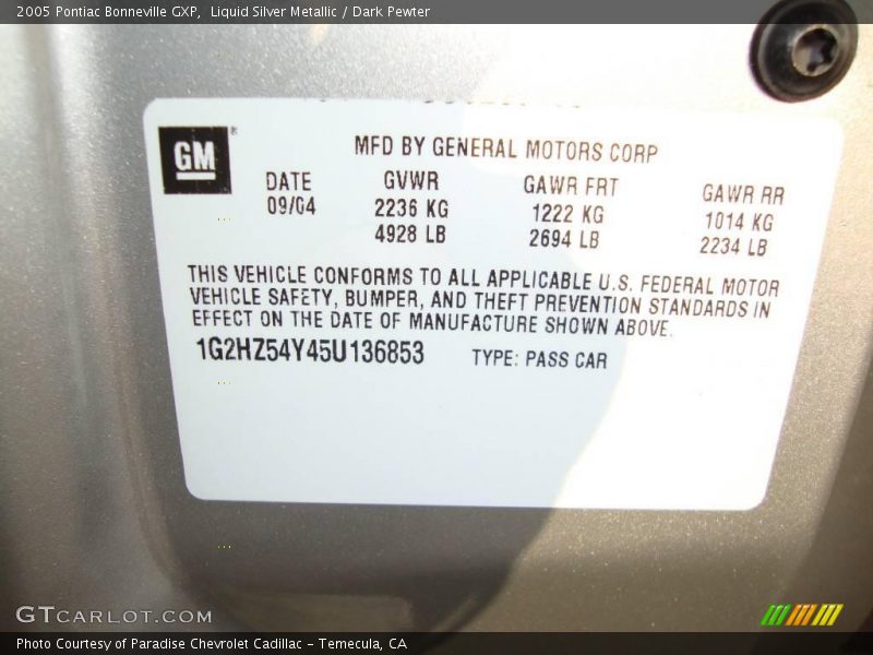 Liquid Silver Metallic / Dark Pewter 2005 Pontiac Bonneville GXP
