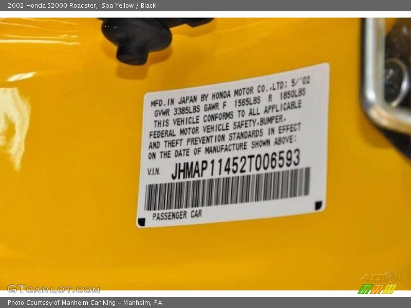 Spa Yellow / Black 2002 Honda S2000 Roadster