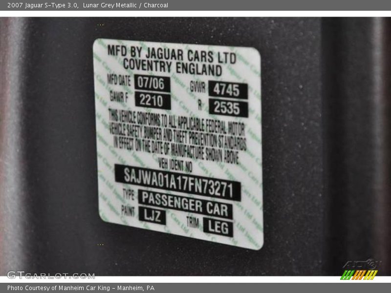 Lunar Grey Metallic / Charcoal 2007 Jaguar S-Type 3.0