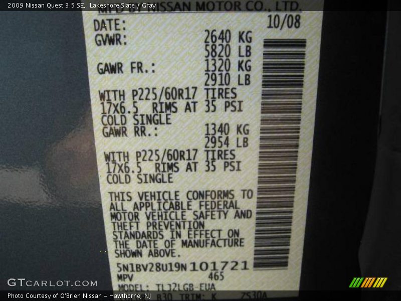 Lakeshore Slate / Gray 2009 Nissan Quest 3.5 SE