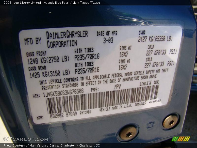 Atlantic Blue Pearl / Light Taupe/Taupe 2003 Jeep Liberty Limited