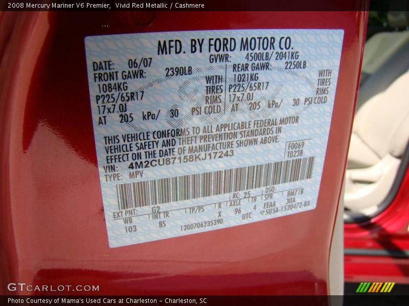 Vivid Red Metallic / Cashmere 2008 Mercury Mariner V6 Premier