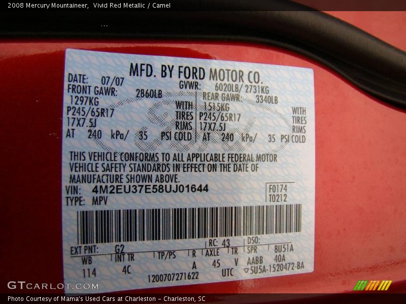 Vivid Red Metallic / Camel 2008 Mercury Mountaineer