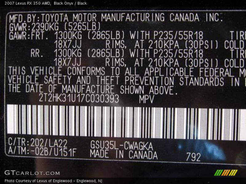 Black Onyx / Black 2007 Lexus RX 350 AWD
