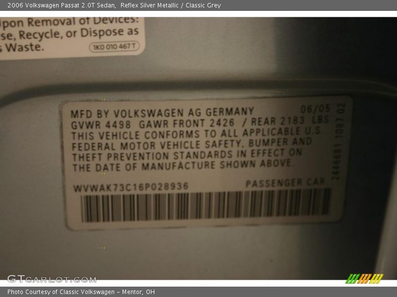 Reflex Silver Metallic / Classic Grey 2006 Volkswagen Passat 2.0T Sedan
