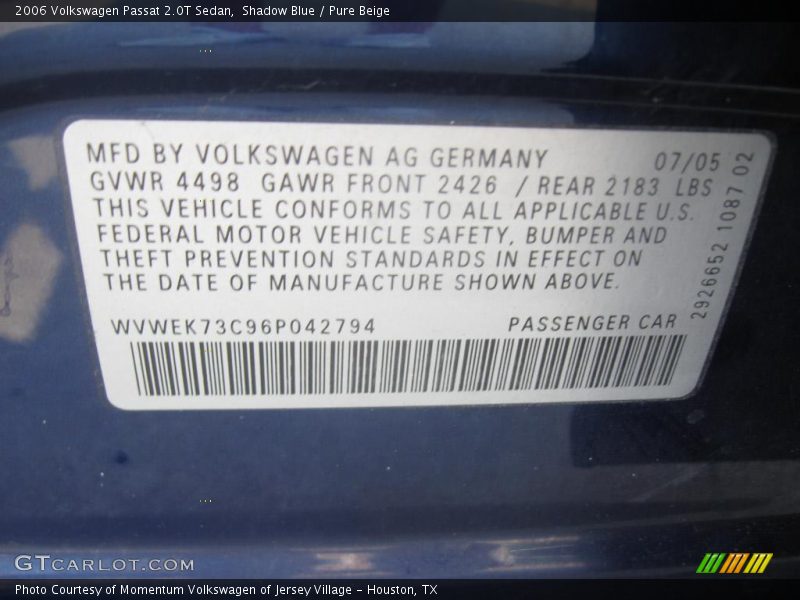 Shadow Blue / Pure Beige 2006 Volkswagen Passat 2.0T Sedan