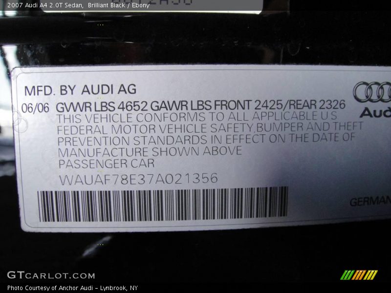 Brilliant Black / Ebony 2007 Audi A4 2.0T Sedan