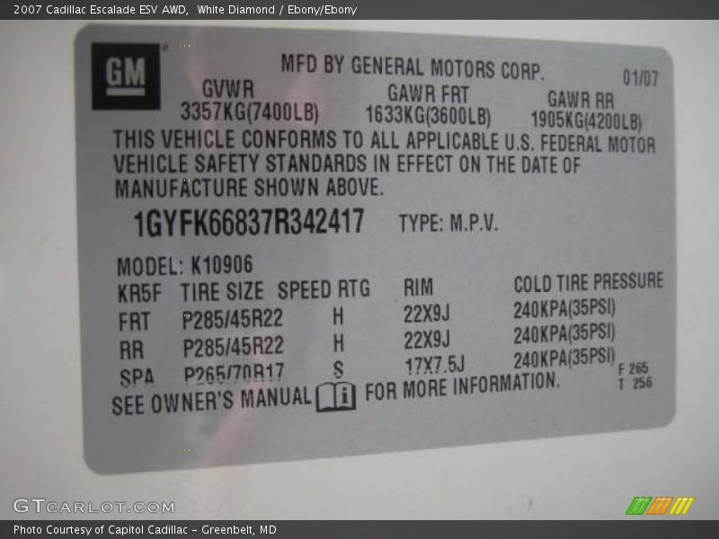 White Diamond / Ebony/Ebony 2007 Cadillac Escalade ESV AWD