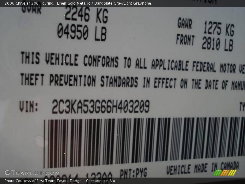 Linen Gold Metallic / Dark Slate Gray/Light Graystone 2006 Chrysler 300 Touring
