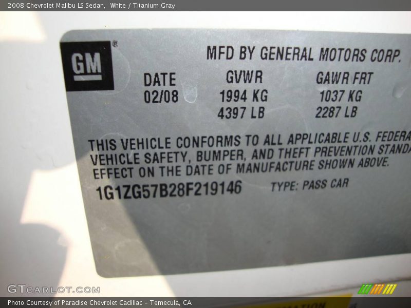 White / Titanium Gray 2008 Chevrolet Malibu LS Sedan