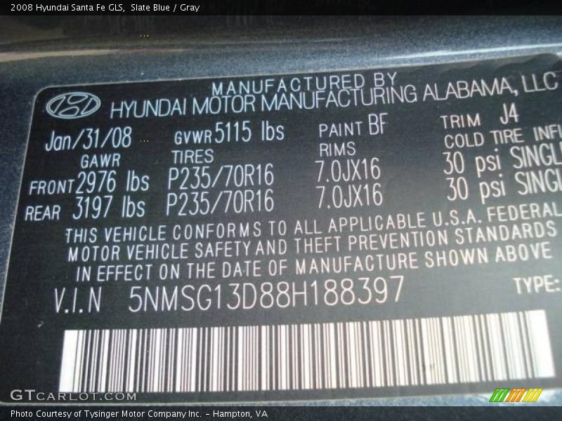 Slate Blue / Gray 2008 Hyundai Santa Fe GLS