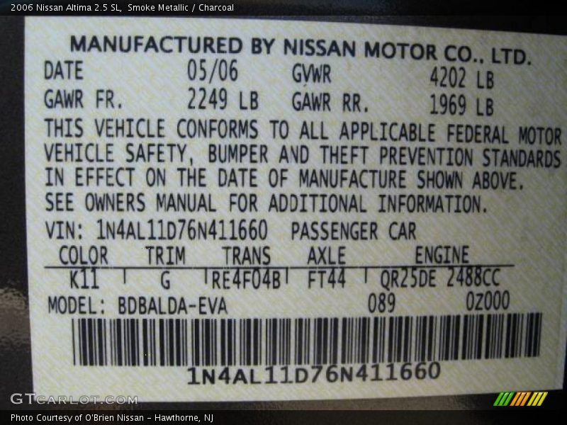 Smoke Metallic / Charcoal 2006 Nissan Altima 2.5 SL