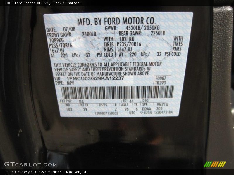 Black / Charcoal 2009 Ford Escape XLT V6