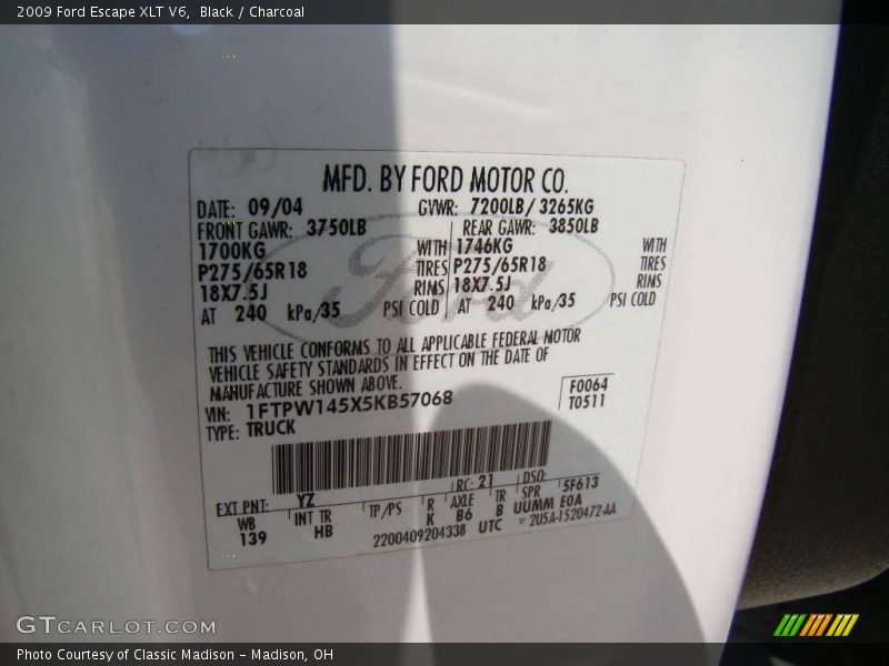 Black / Charcoal 2009 Ford Escape XLT V6