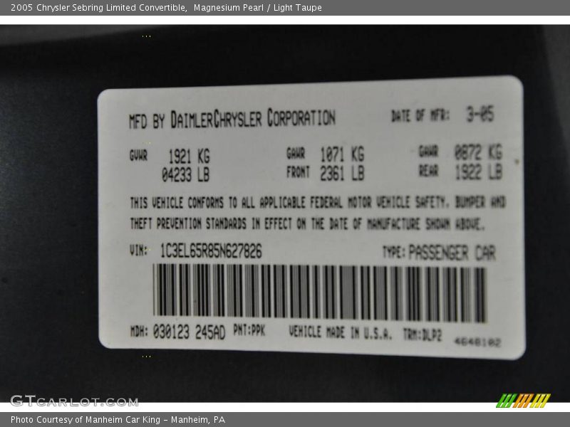Magnesium Pearl / Light Taupe 2005 Chrysler Sebring Limited Convertible