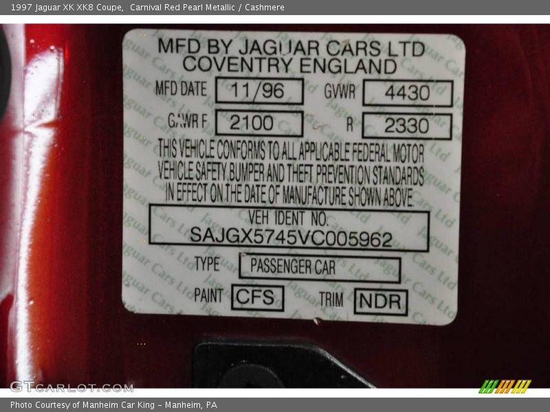 Carnival Red Pearl Metallic / Cashmere 1997 Jaguar XK XK8 Coupe