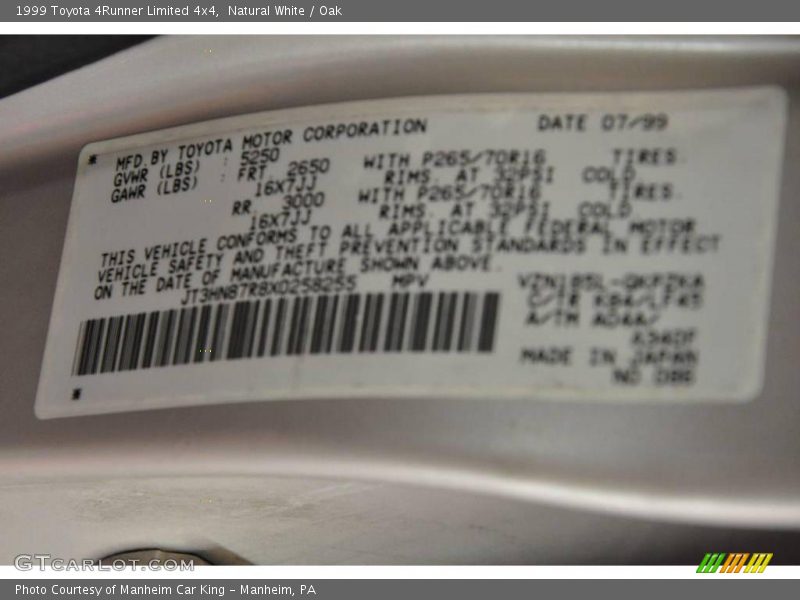 Natural White / Oak 1999 Toyota 4Runner Limited 4x4