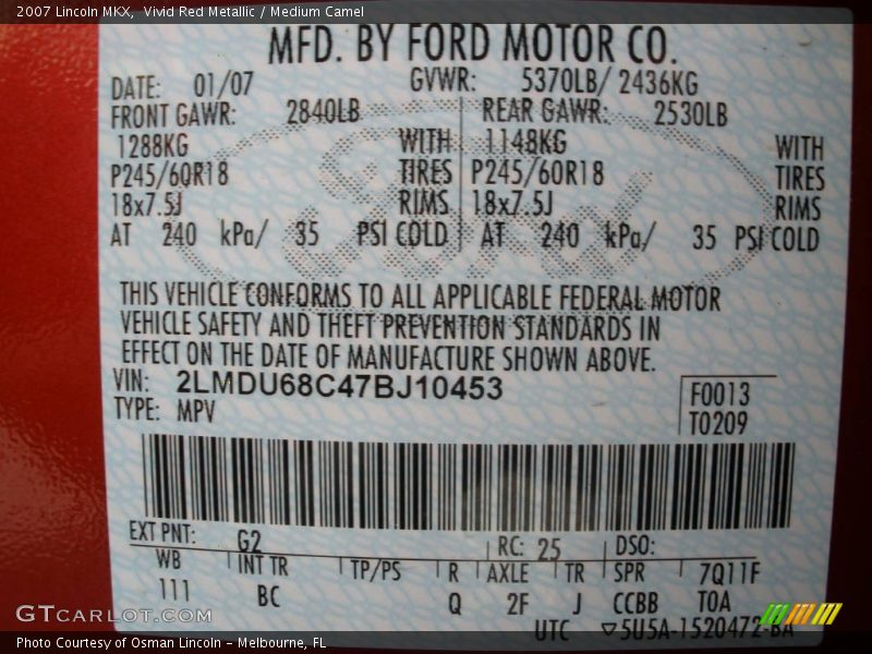 Vivid Red Metallic / Medium Camel 2007 Lincoln MKX