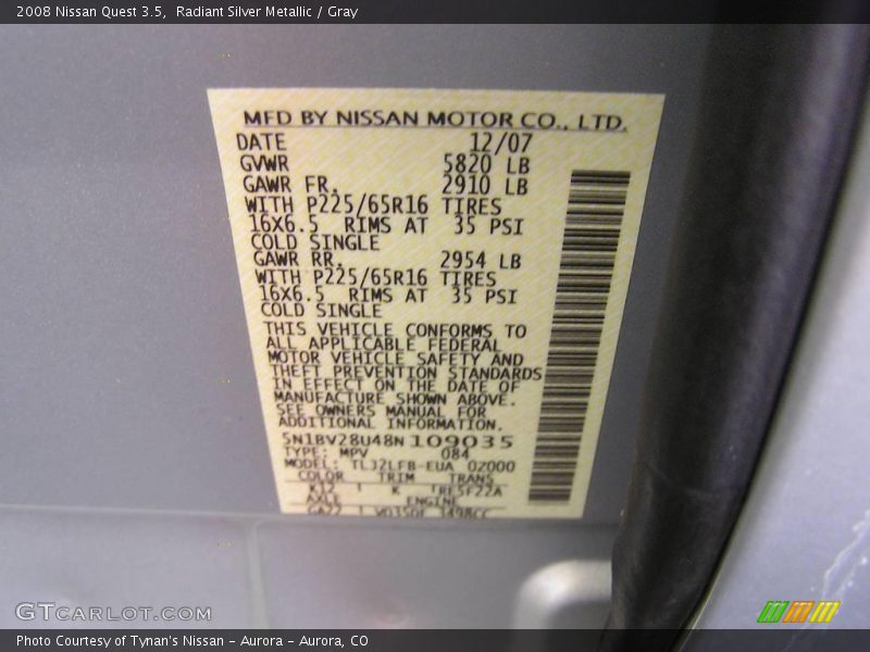 Radiant Silver Metallic / Gray 2008 Nissan Quest 3.5