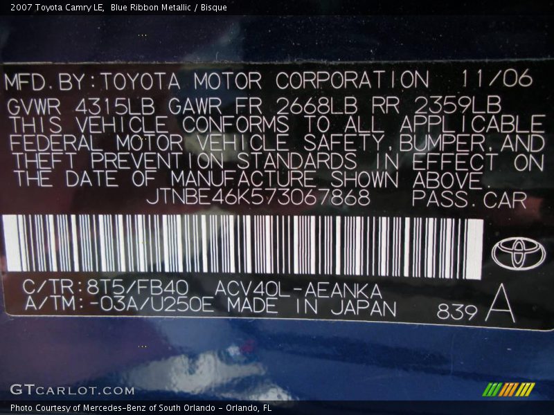 Blue Ribbon Metallic / Bisque 2007 Toyota Camry LE