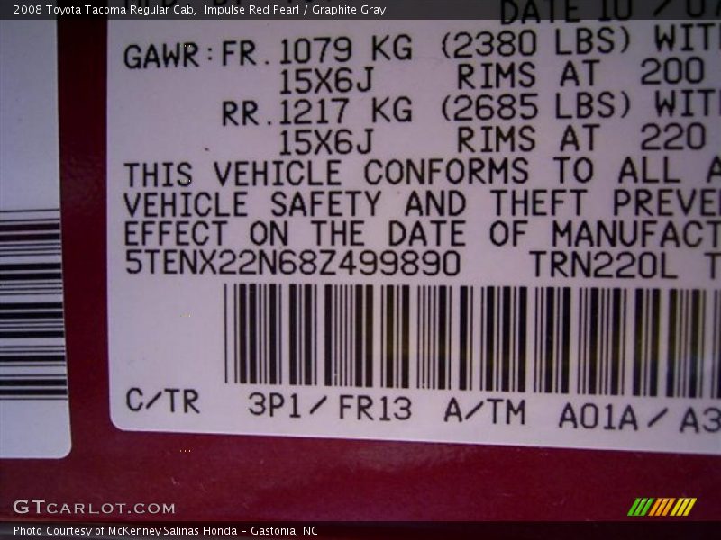 Impulse Red Pearl / Graphite Gray 2008 Toyota Tacoma Regular Cab