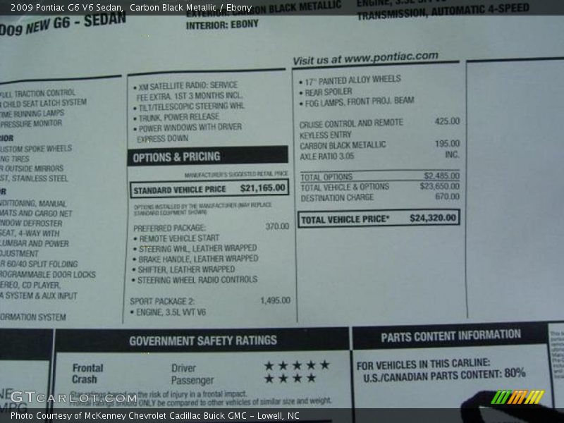 Carbon Black Metallic / Ebony 2009 Pontiac G6 V6 Sedan