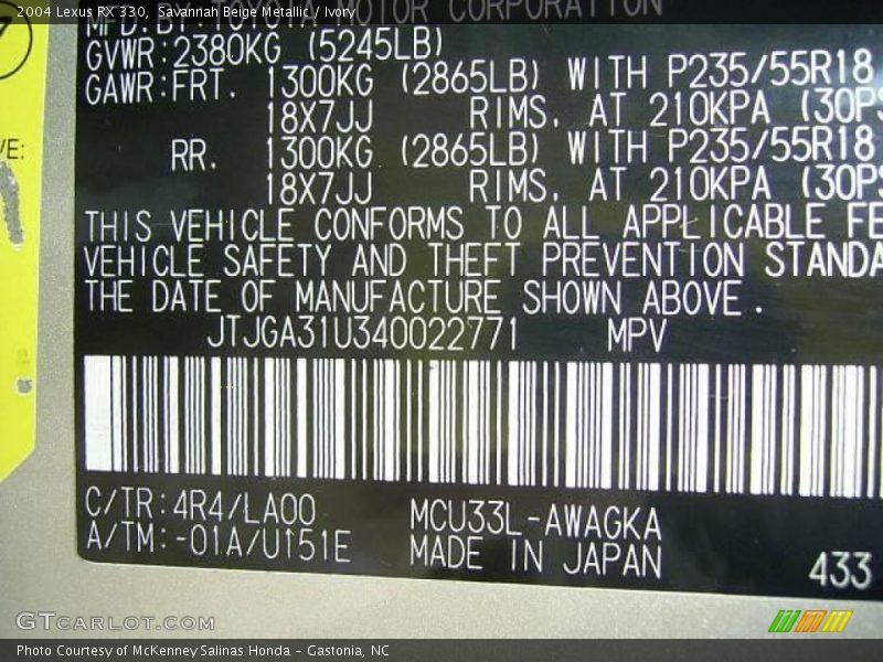 Savannah Beige Metallic / Ivory 2004 Lexus RX 330