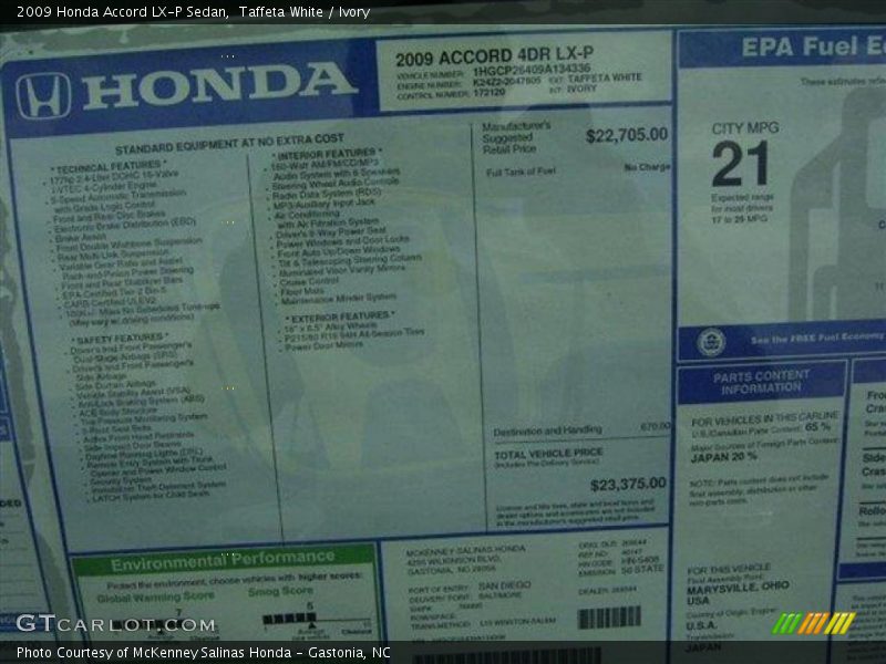 Taffeta White / Ivory 2009 Honda Accord LX-P Sedan
