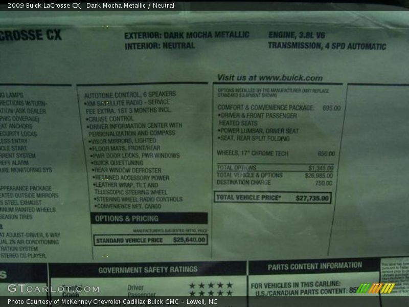 Dark Mocha Metallic / Neutral 2009 Buick LaCrosse CX