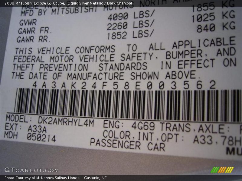 Liquid Silver Metallic / Dark Charcoal 2008 Mitsubishi Eclipse GS Coupe