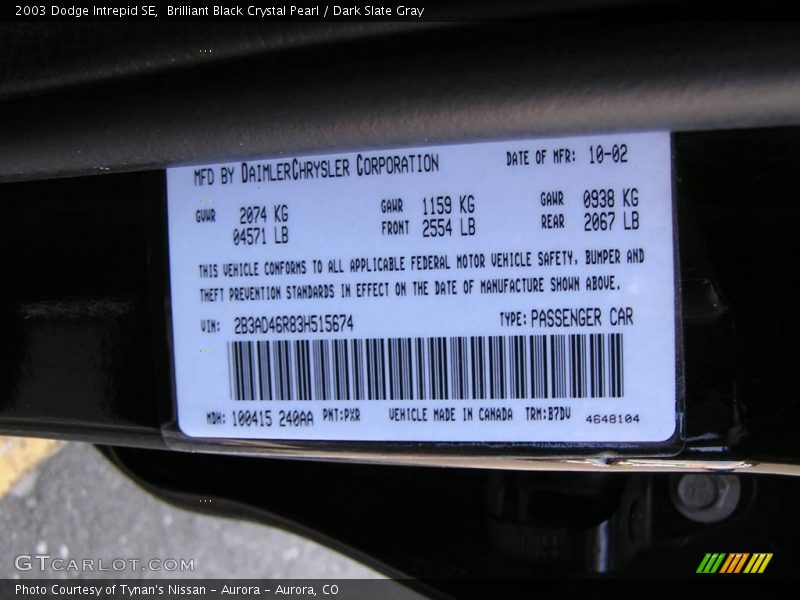 Brilliant Black Crystal Pearl / Dark Slate Gray 2003 Dodge Intrepid SE